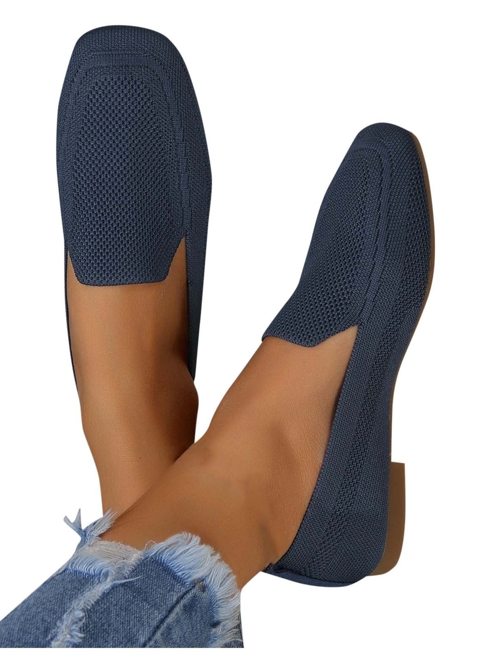 Navy Blue Knit Square Toe Loafers Slip-On Flat Shoes - EU 38